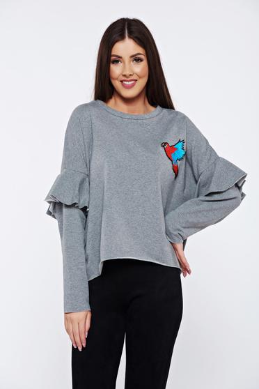 Grey casual embroidered flared sweater with ruffled sleeves