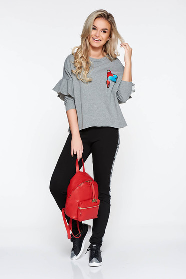 Grey casual embroidered flared sweater with ruffled sleeves
