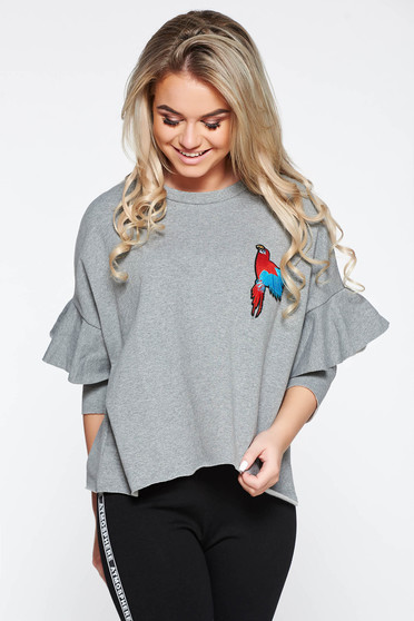Grey casual embroidered flared sweater with ruffled sleeves