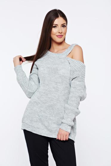 Grey casual knitted flared sweater both shoulders cut out