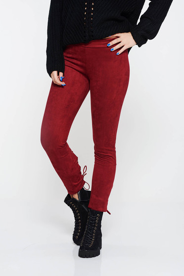 Casual burgundy conical from velour low waisted trousers with laced details