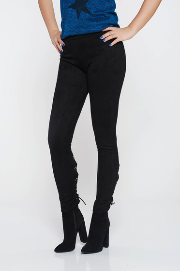 Casual black conical from velour low waisted trousers with laced details