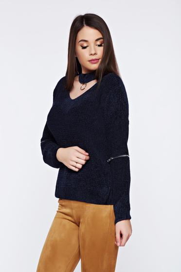 Blue casual knitted velvet flared sweater