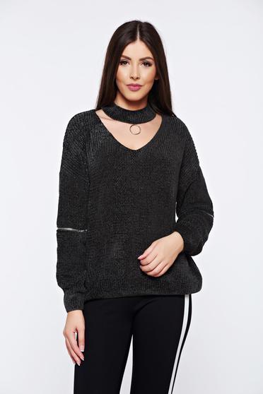 Darkgreen casual knitted velvet flared sweater