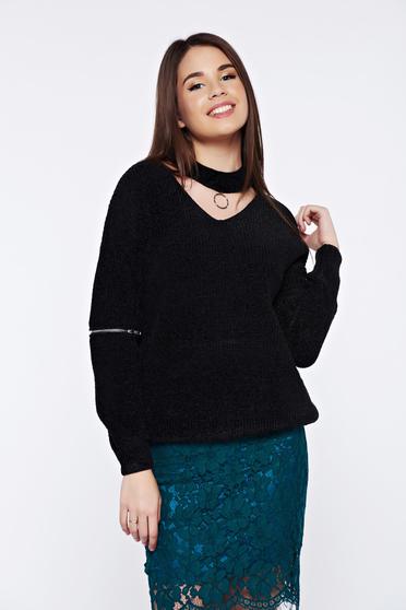 Black casual knitted velvet flared sweater