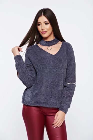 Grey casual knitted velvet flared sweater