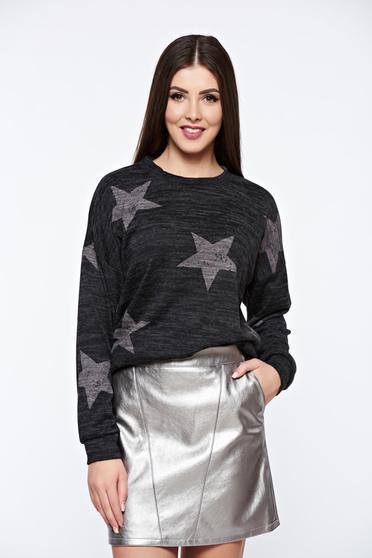 PrettyGirl casual knitted darkgrey sweater with print details with easy cut