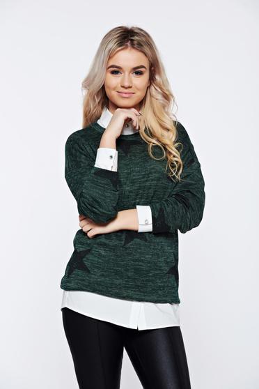 PrettyGirl casual knitted darkgreen sweater with print details with easy cut