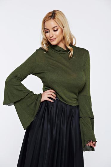 Ocassion darkgreen casual elegant women`s blouse with bell sleeve