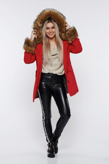 Red jacket casual with furry hood with pockets