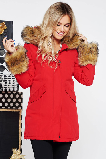 SunShine red jacket casual with pockets from slicker with inside lining with faux fur accessory