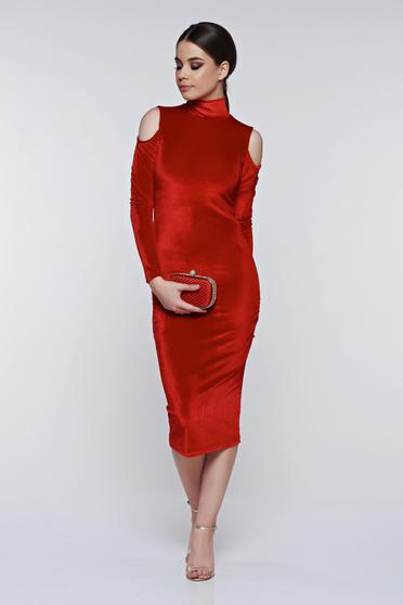 PrettyGirl red dress both shoulders cut out elegant from velvet pencil