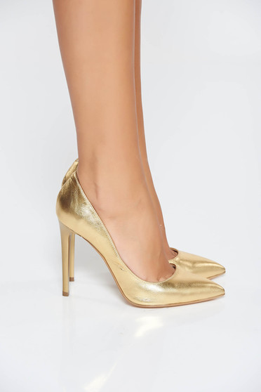 Gold shoes natural leather stiletto with high heels slightly pointed toe tip