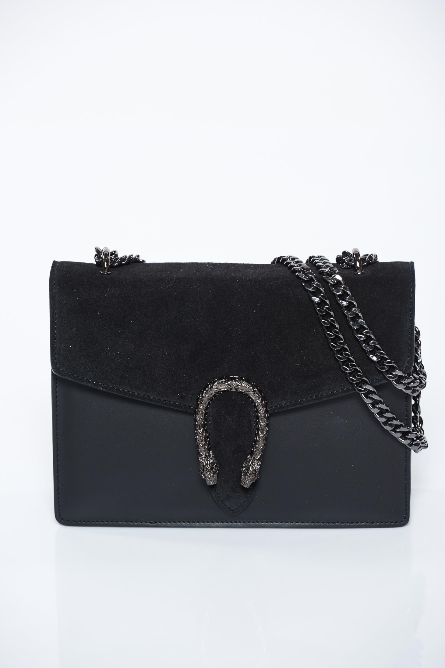 Bag black natural leather casual with metalic accessory