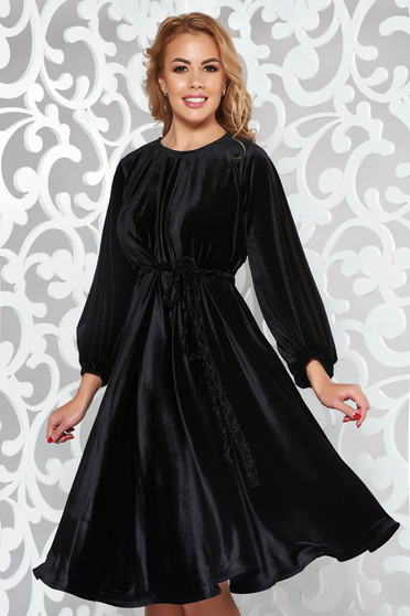 Artista black dress from velvet occasional flared accessorized with tied waistband