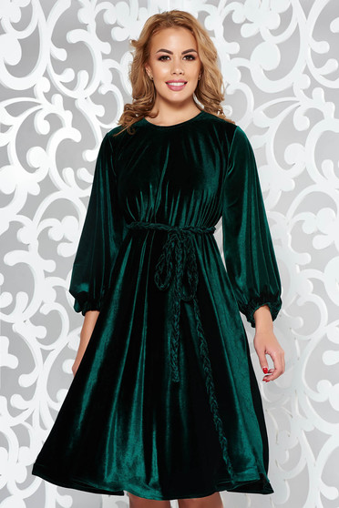 Artista darkgreen dress from velvet occasional flared accessorized with tied waistband
