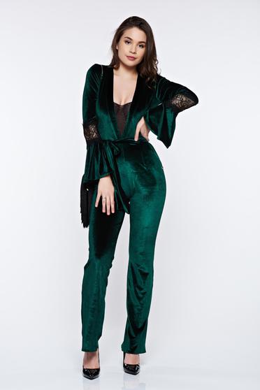 PrettyGirl green jumpsuit elegant velvet accessorized with tied waistband