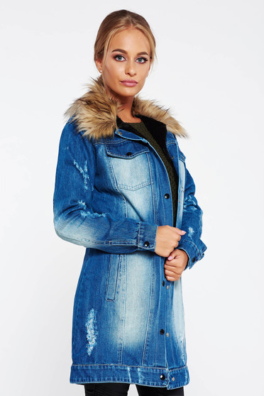 Ocassion blue jacket casual denim with faux fur details
