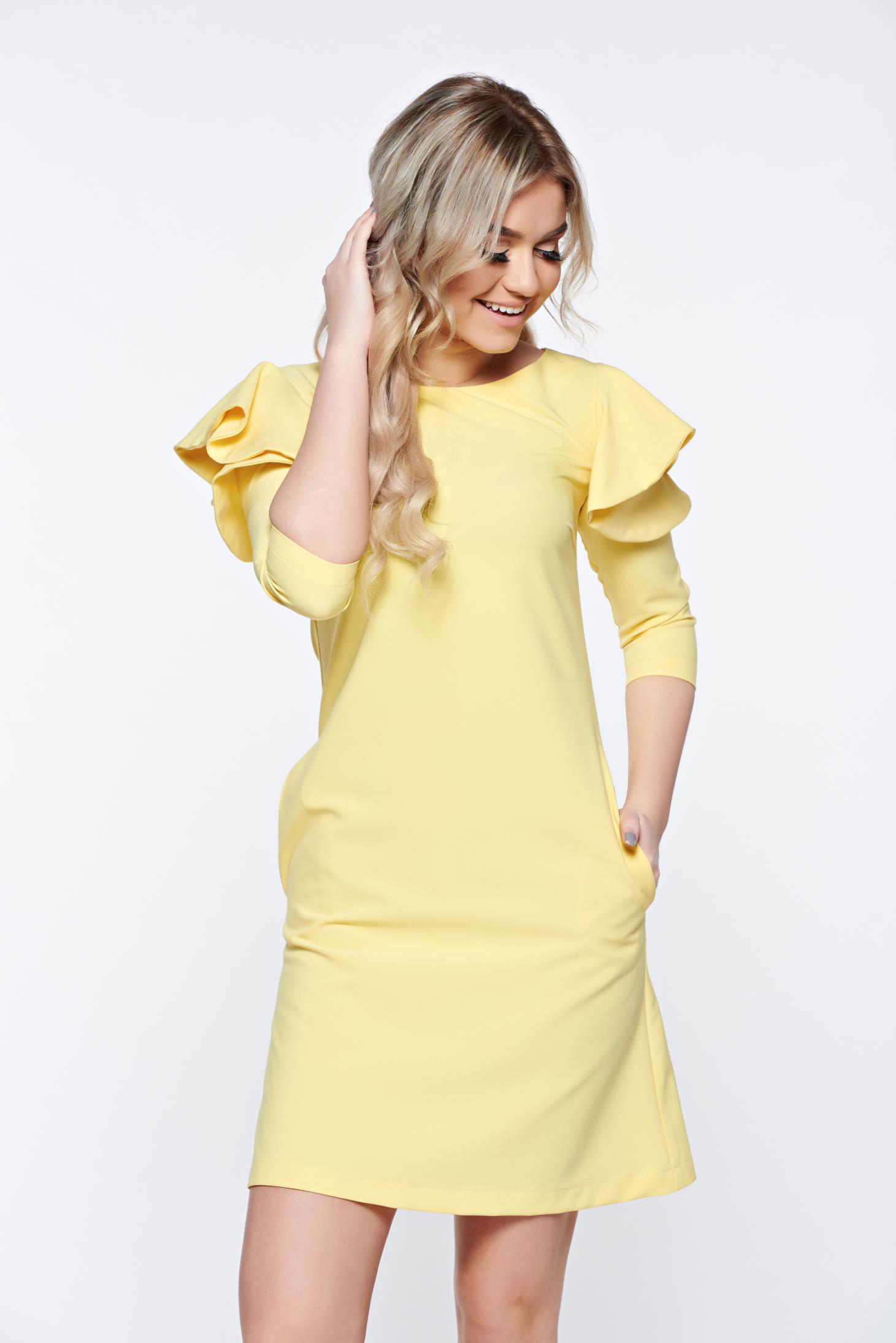 Yellow daily elegant a-line dress slightly elastic fabric with ruffled ...