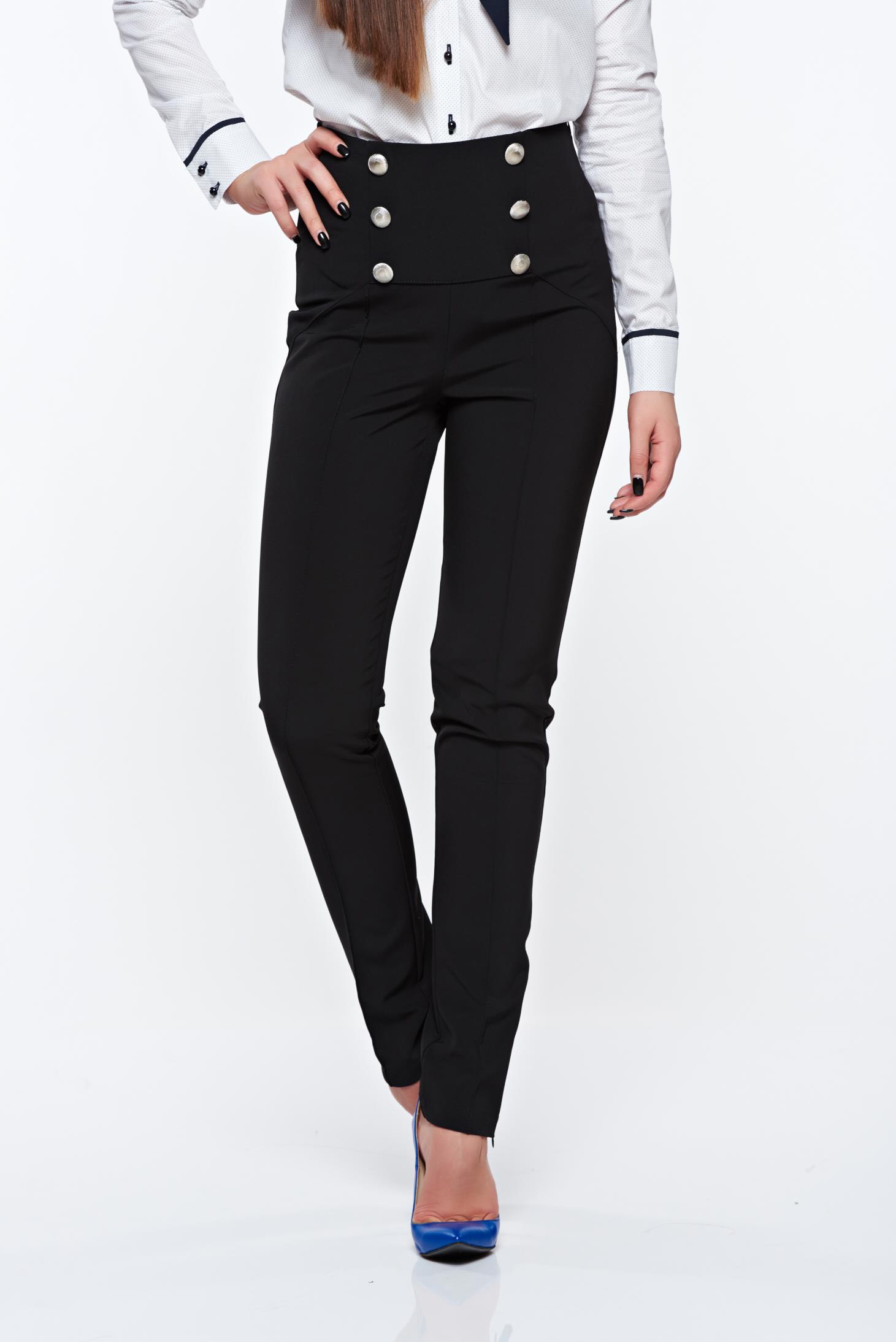 Pantaloni PrettyGirl negri office cu talie inalta din material elastic accesorizati cu nasturi 1 - StarShinerS.ro