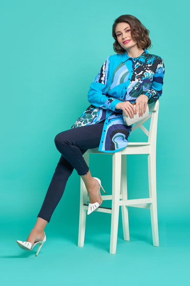 PrettyGirl blue women`s shirt with easy cut airy fabric accessorized with belt
