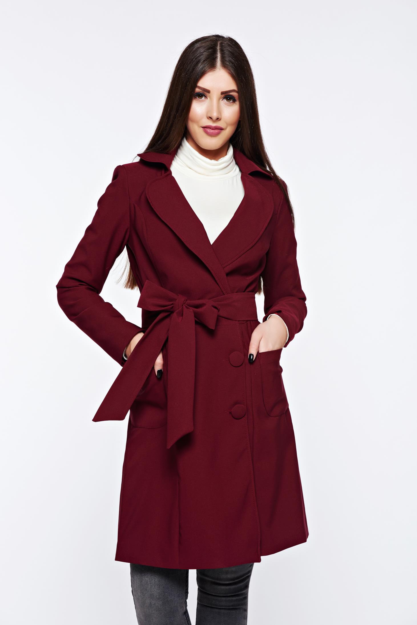 Artista burgundy trenchcoat office with inside lining with pockets accessorized with tied waistband slightly elastic fabric 1 - StarShinerS.com