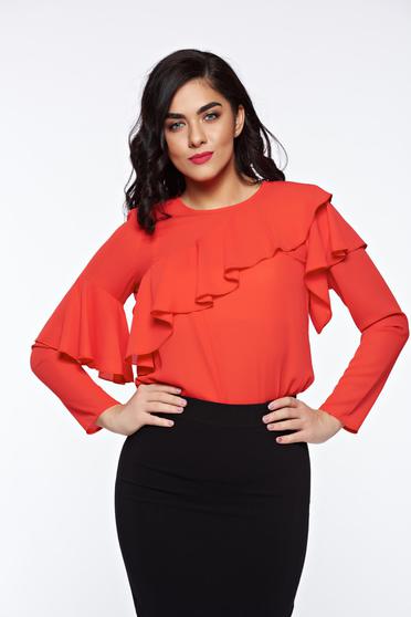 LaDonna red women`s blouse elegant with easy cut airy fabric with ruffles on the chest