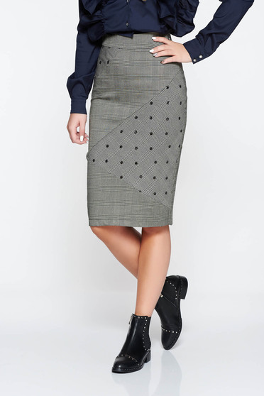 LaDonna grey skirt slightly elastic fabric with tented cut plaid fabric with sequin embellished details