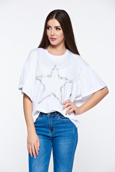 White t-shirt casual flared elastic cotton with pearls