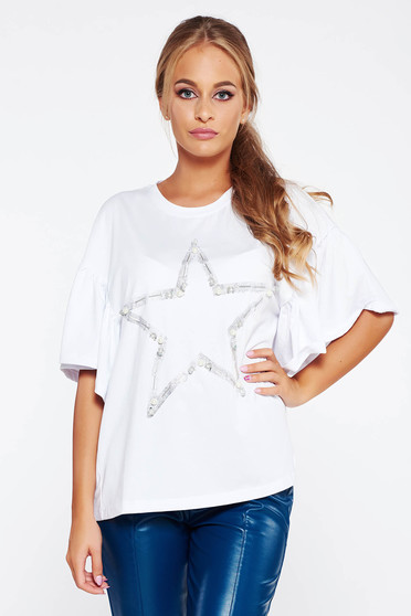 White t-shirt casual flared elastic cotton with pearls
