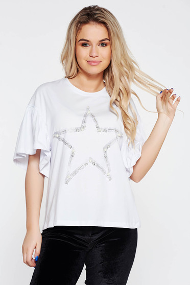 White t-shirt casual flared elastic cotton with pearls
