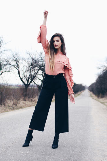 PrettyGirl black trousers elegant flaring cut high waisted