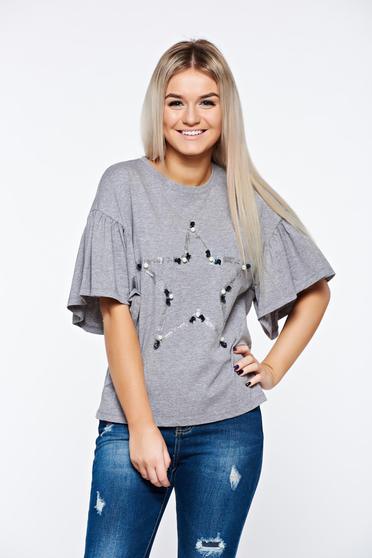 Grey t-shirt casual flared elastic cotton with pearls