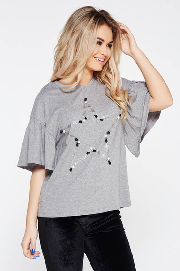 Grey t-shirt casual flared elastic cotton with pearls