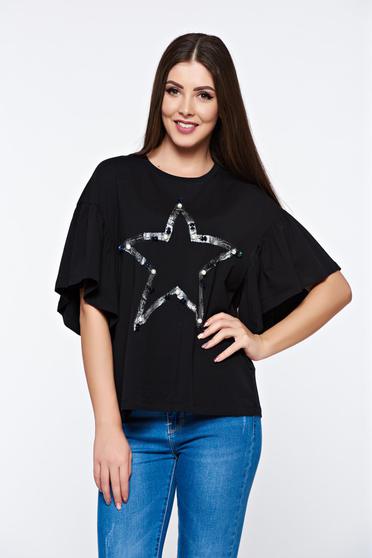 Black t-shirt casual flared elastic cotton with pearls