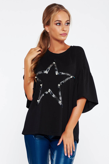 Black t-shirt casual flared elastic cotton with pearls