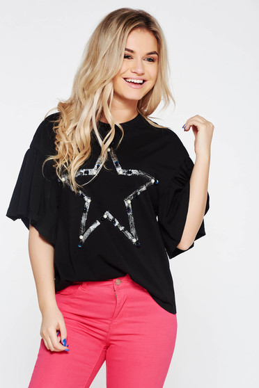 Black t-shirt casual flared elastic cotton with pearls