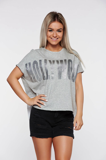 Grey t-shirt casual cotton with easy cut with writing print asymmetrical