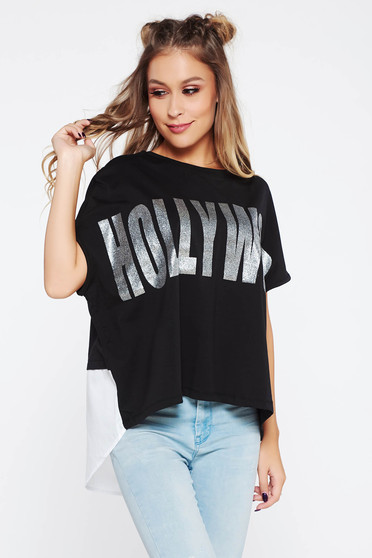 Black t-shirt casual cotton with easy cut with writing print asymmetrical