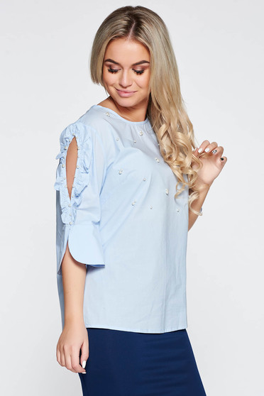 Lightblue women`s shirt cotton both shoulders cut out with pearls