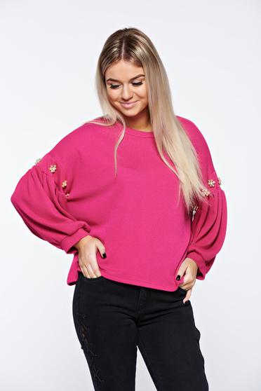 Pink women`s blouse casual with bell sleeve with easy cut with pearls