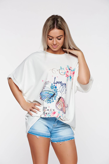 White t-shirt casual flared with print details