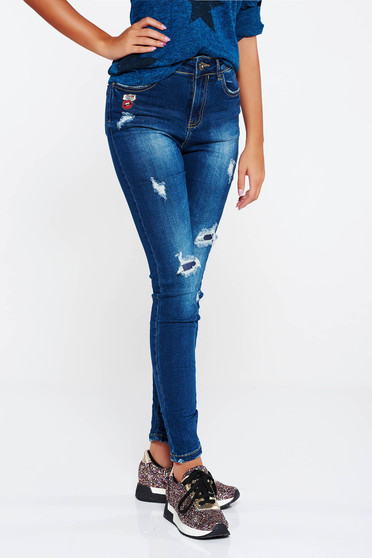 Darkblue jeans skinny jeans with ruptures cotton with medium waist