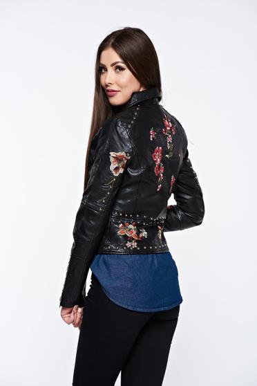 SunShine black jacket casual from ecological leather embroidered with inside lining with metallic spikes