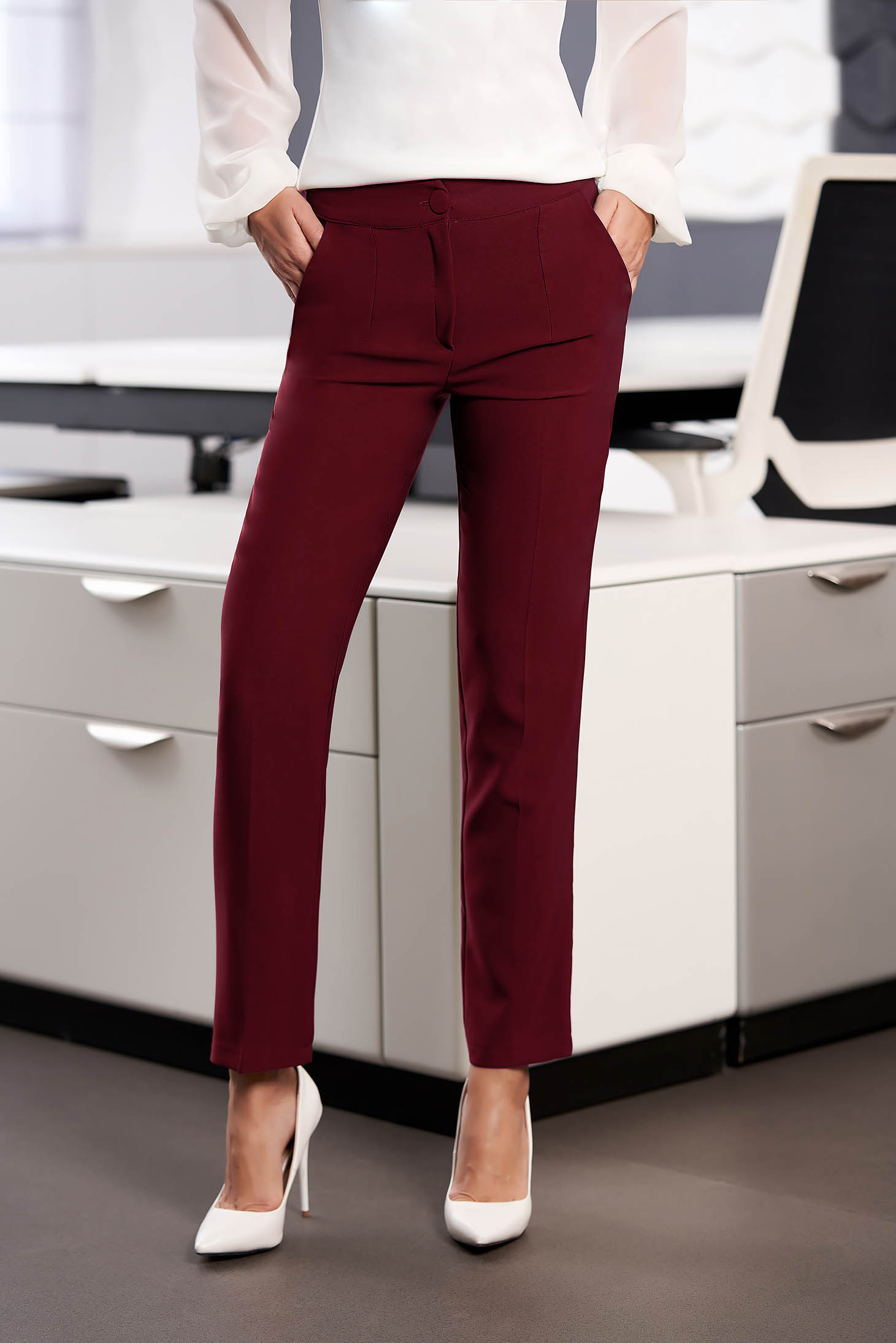 StarShinerS burgundy office trousers with pockets medium waist slightly elastic fabric with straight cut 1 - StarShinerS.com