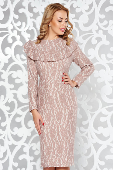 Cream dress elegant raised pattern slightly elastic fabric pencil