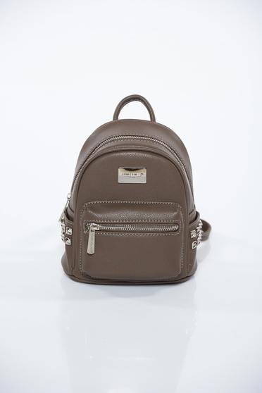 Grey casual backpack from ecological leather with metal accessories