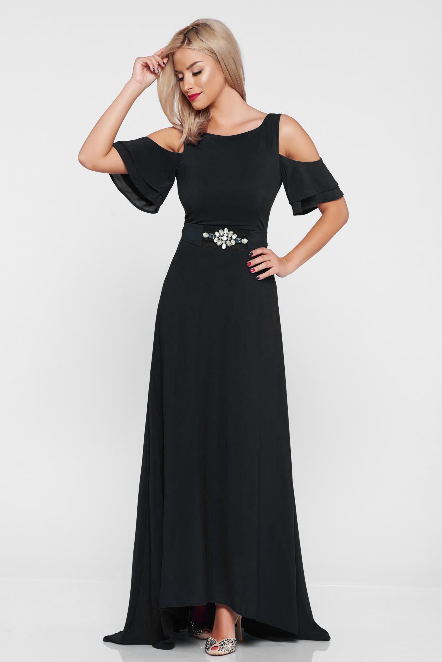 Rochie StarShinerS neagra de ocazie asimetrica cu umeri decupati captusita pe interior