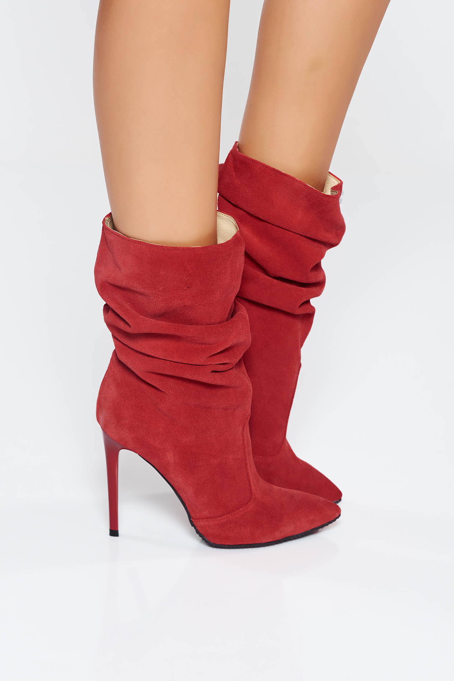 Red natural leather boots with high heels