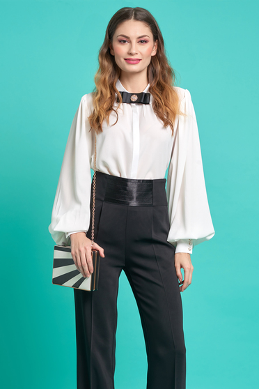 PrettyGirl white women`s shirt elegant flared airy fabric with puffed sleeves